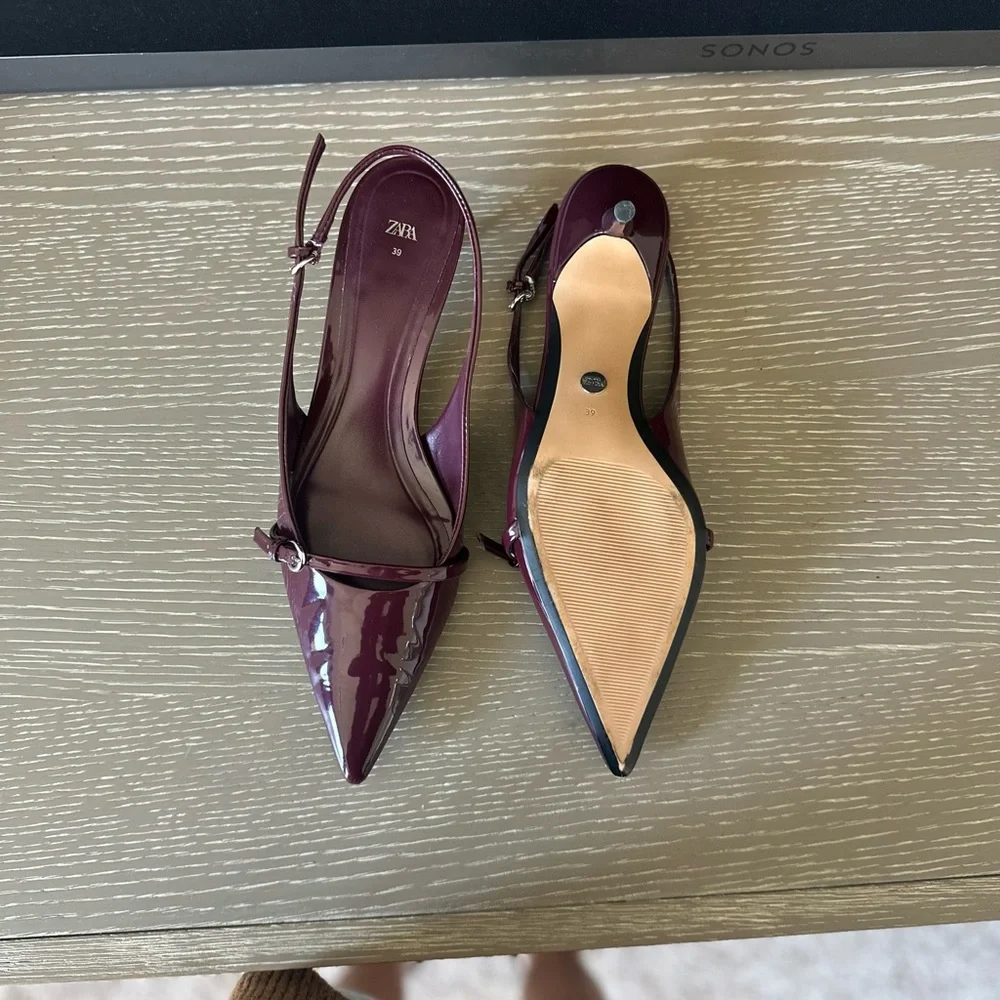 Zara Burgundy Patent Pointed Slingback Heels - Picture 6 of 6